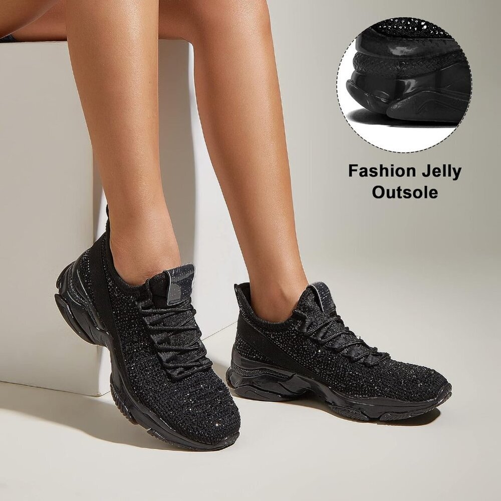 Women's Rhinestone Mesh Slip On Walking Breathable Glitter Sneaker Shoes Black - Picture 6 of 6